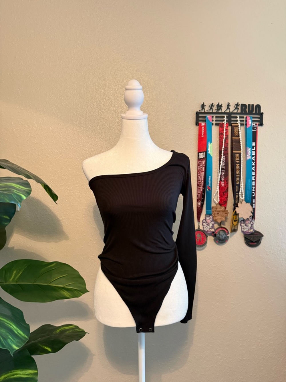 American Eagle Black Ribbed One-Shoulder Bodysuit